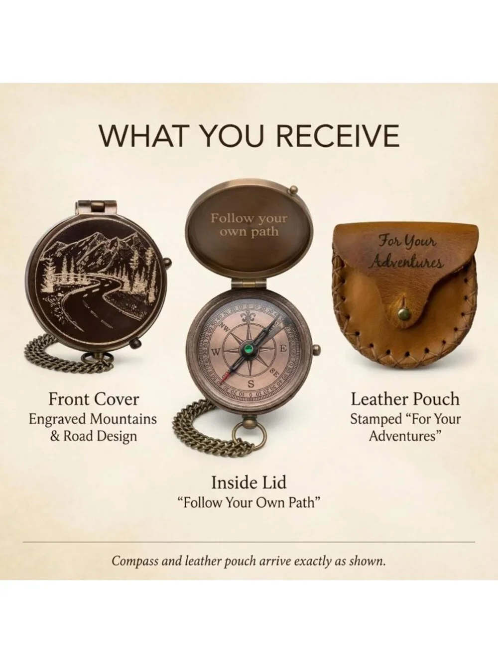 Men's Brown Hiking Adventure Engraved Brass Vintage Style Antique Pocket Compass